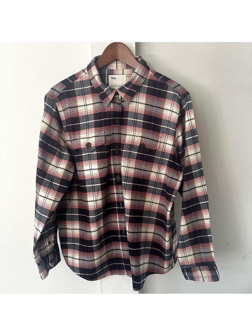 Tilley Tuff Flannel Plaid Button-Down Work Shirt for Men Black, Pink & Cream- XL